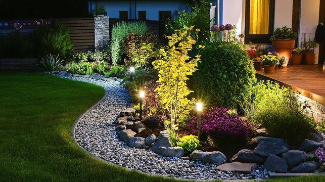 Warm landscape path lighting illuminating a garden at dusk.